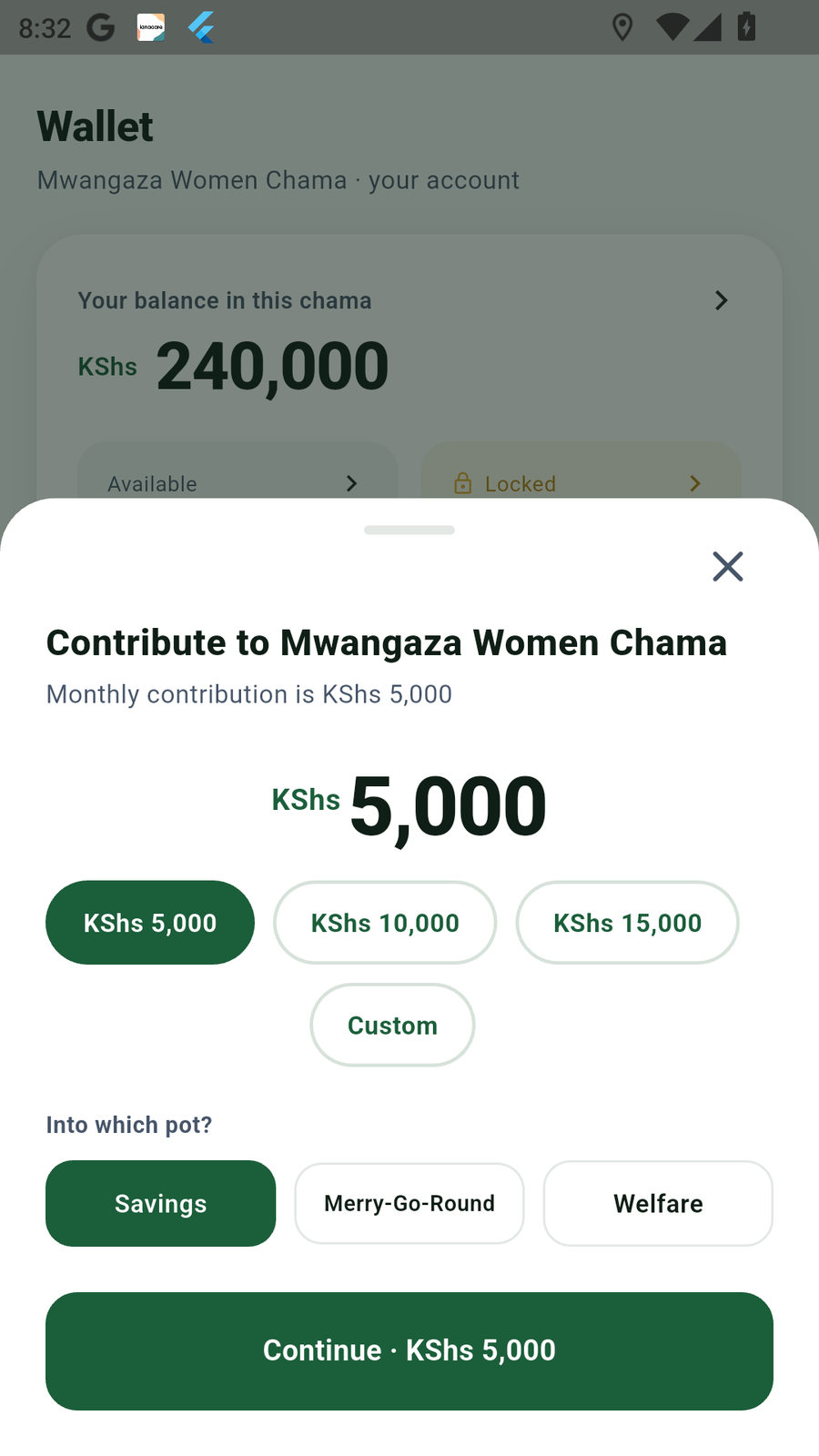 ChamaClub contribution submission screen with payment details