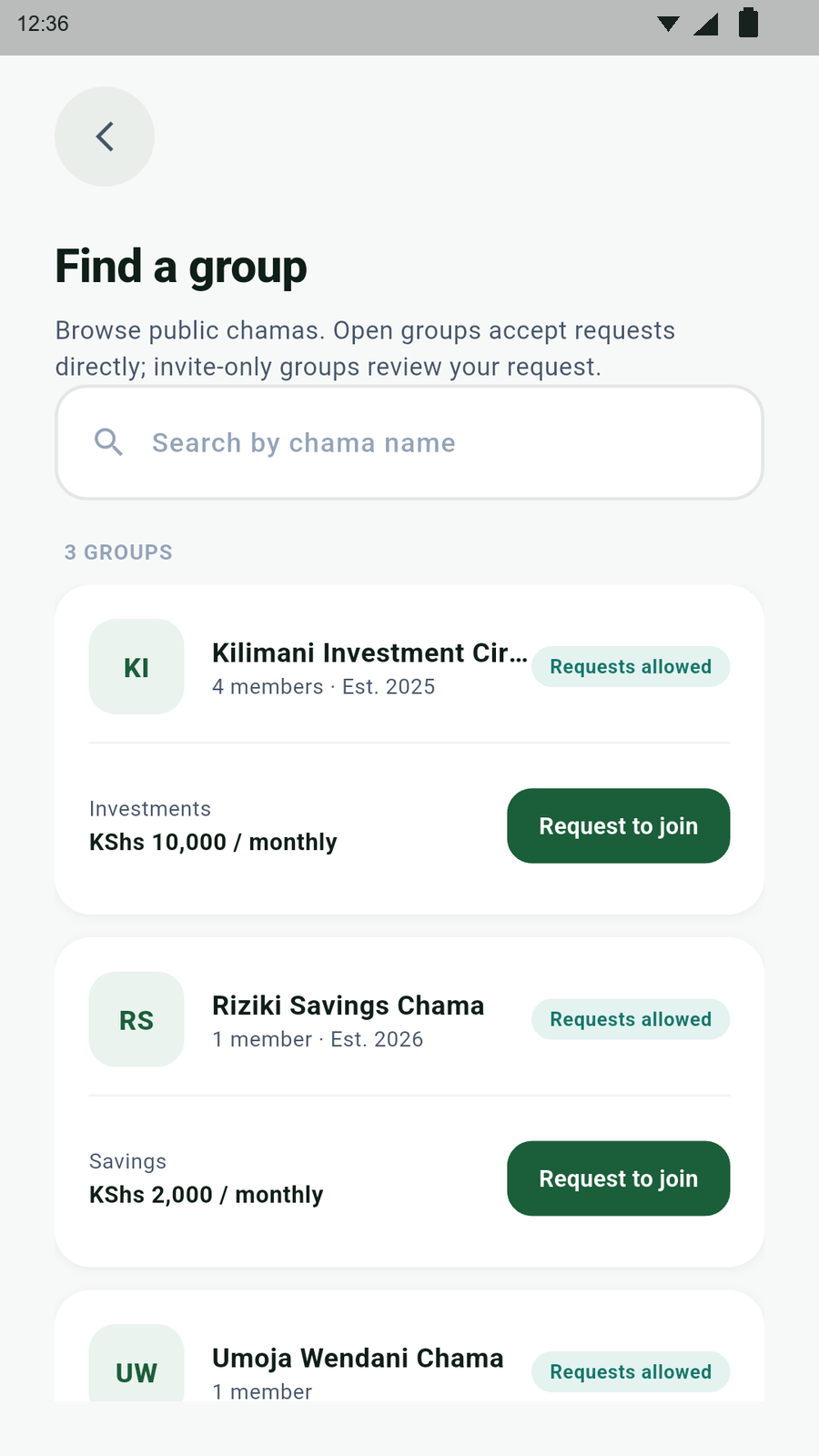 ChamaClub group discovery screen with chamas available to join
