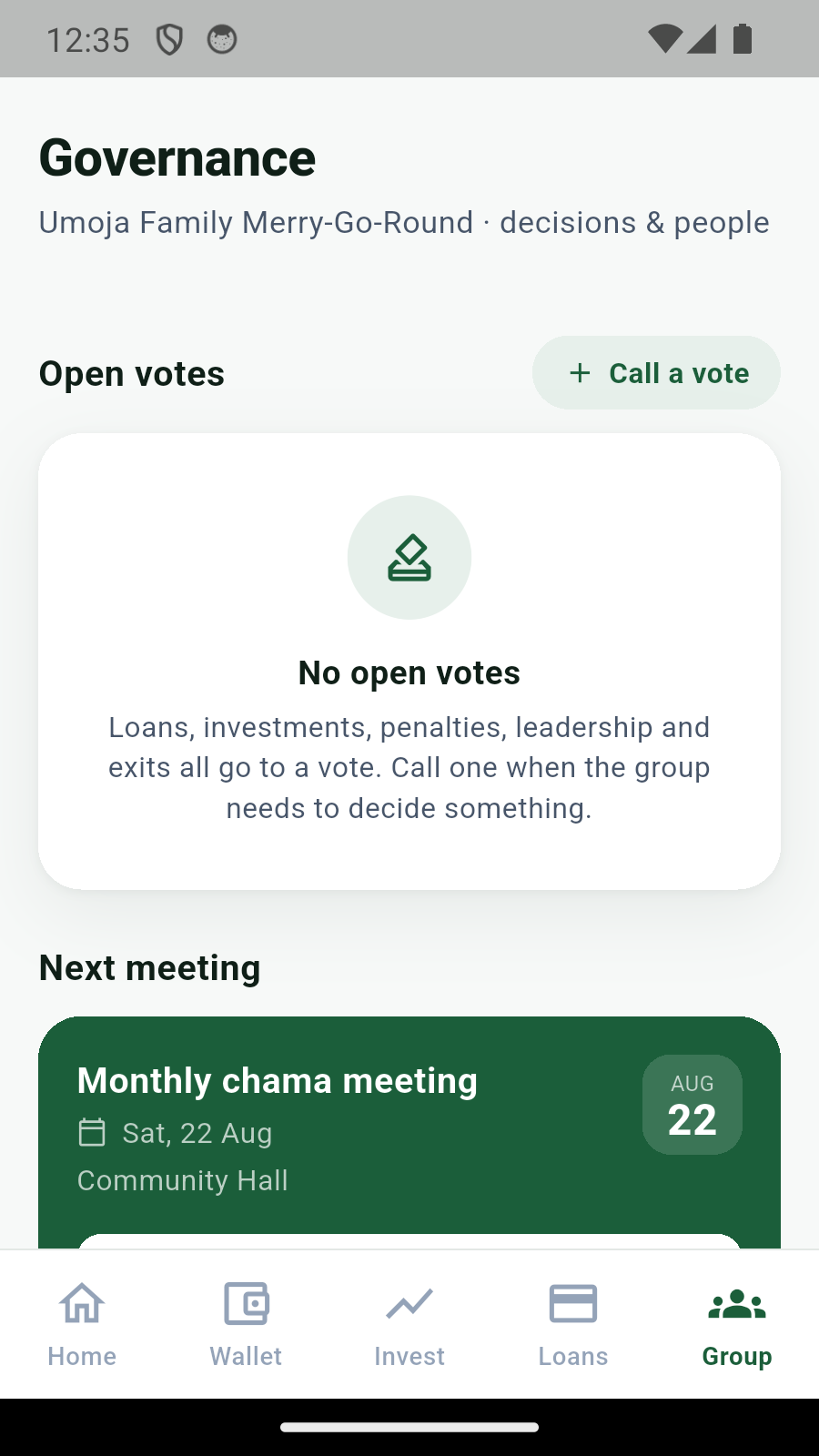 ChamaClub governance screen with meetings and open votes
