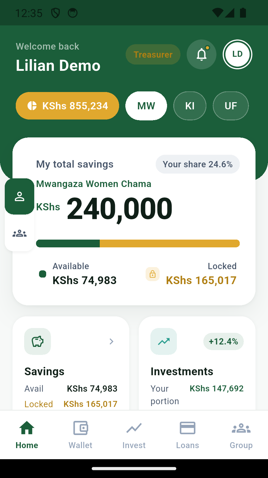 ChamaClub group overview with balances and recent activity