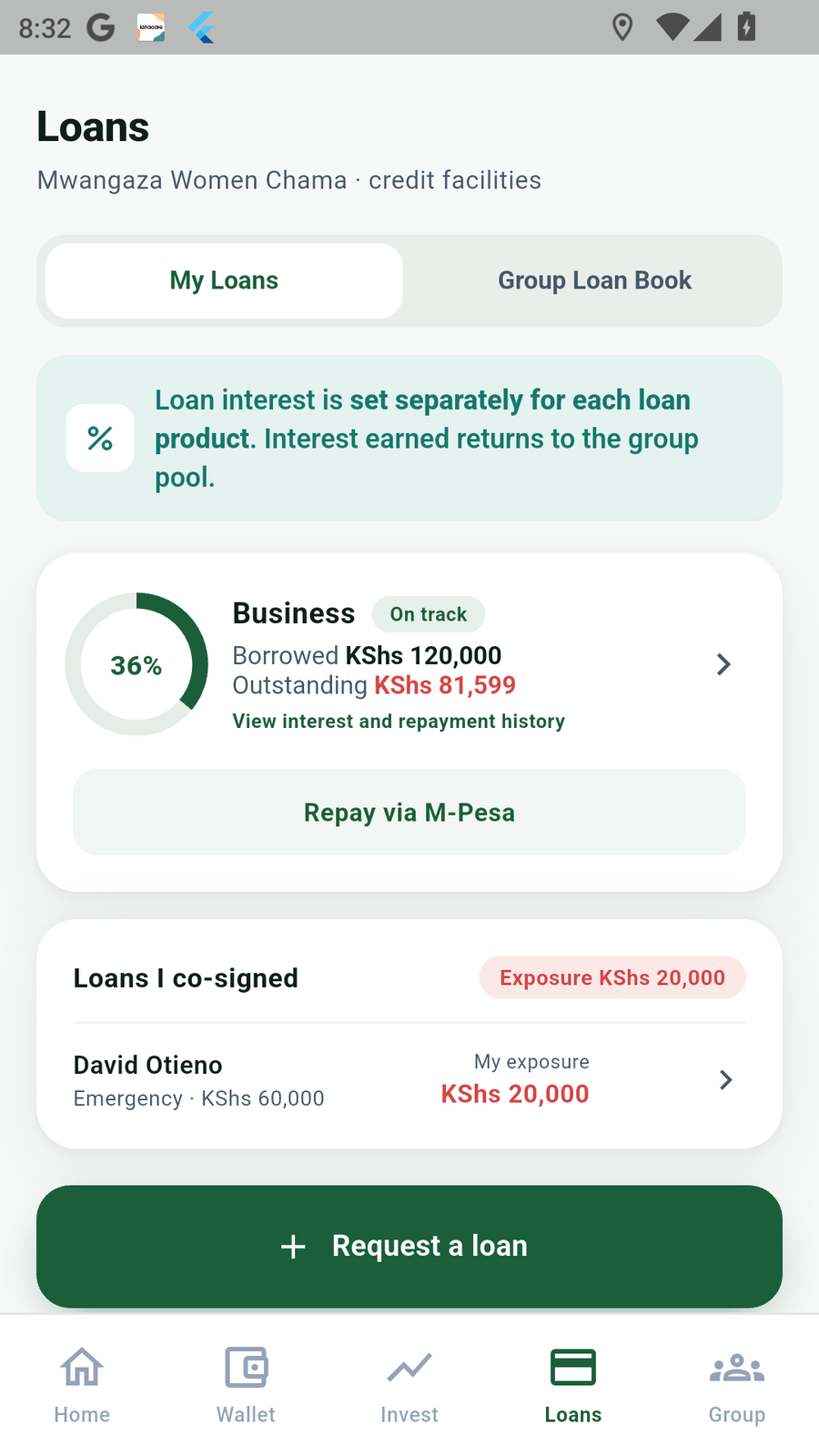 ChamaClub loan book with requests and repayment details
