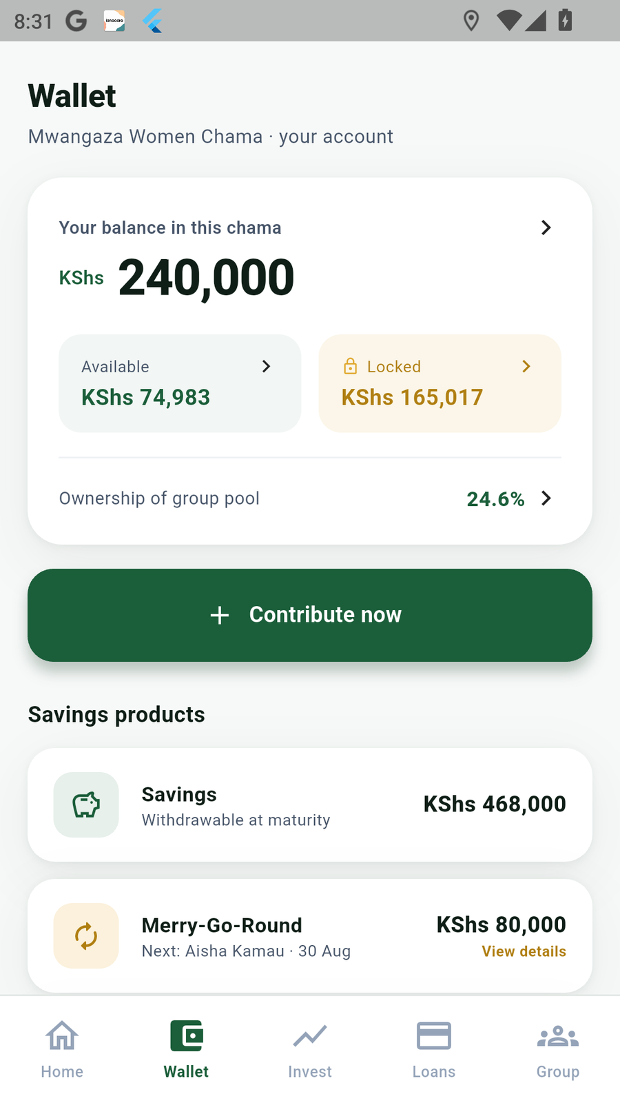 ChamaClub savings wallet with member and group balances